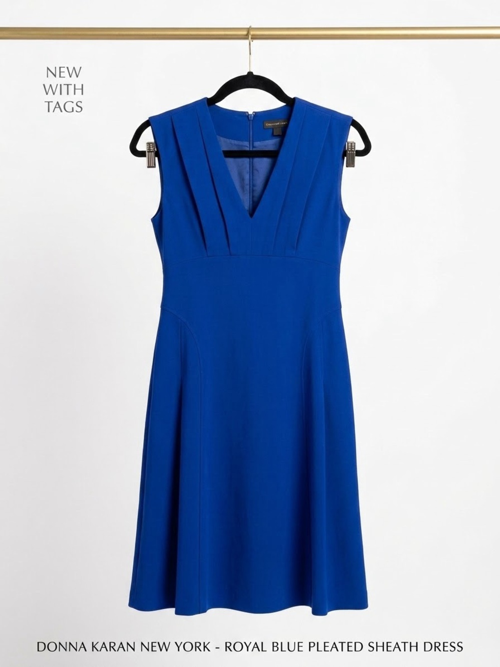 Donna Karan Royal Blue V-Neck Pleated Sleeveless Midi Dress Size 10 NWT